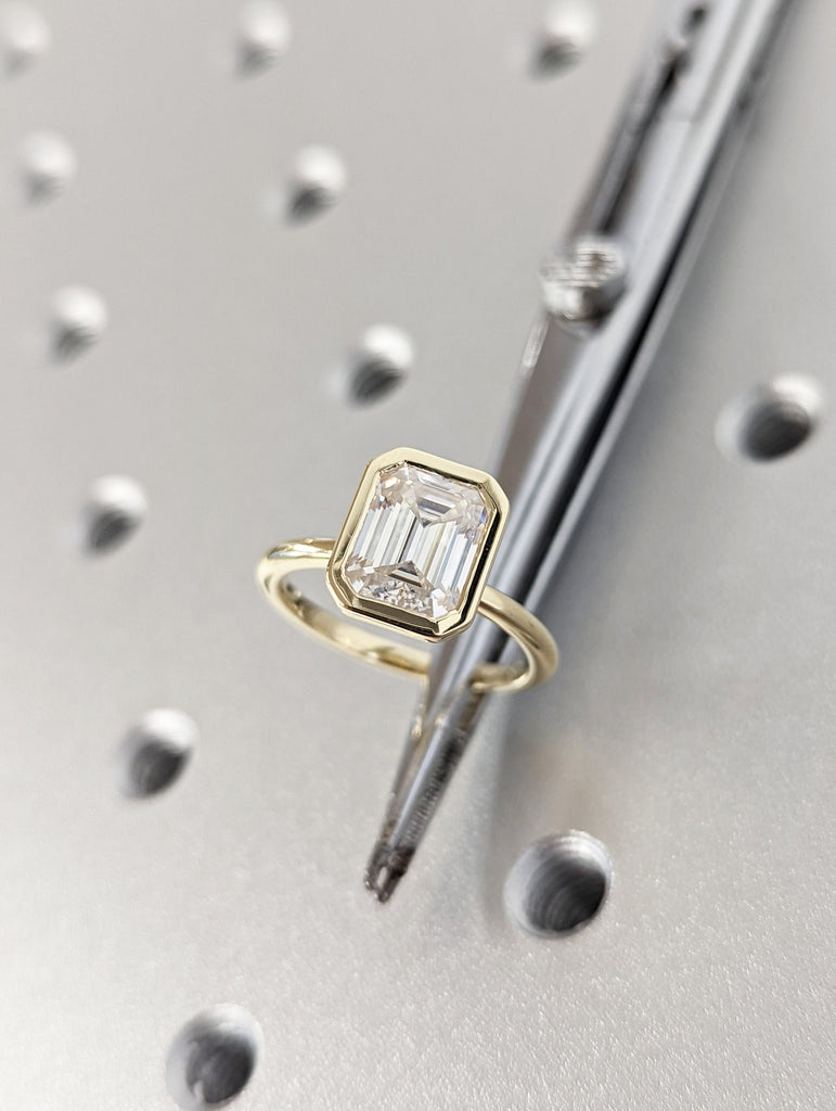 Emerald Cut Solitaire Bezel Ring | 2ct Moissanite Engagement Ring | 14k Yellow Gold Wedding Ring