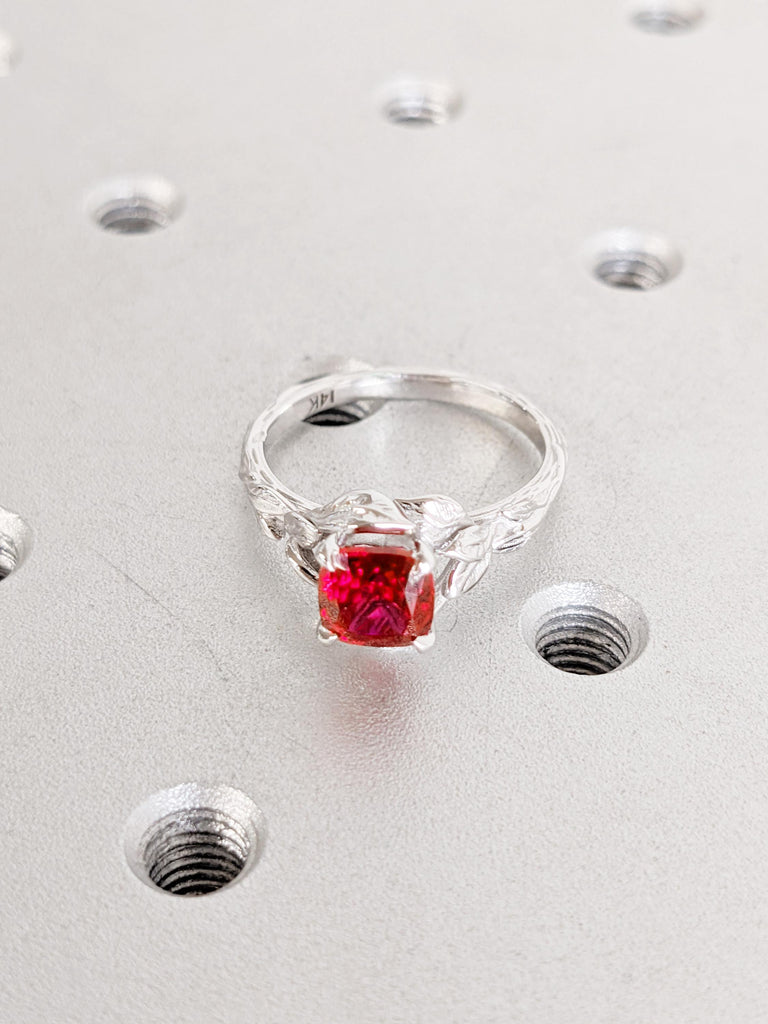 14K White Gold Red Ruby Engagement Ring | Vintage Leaf Solitaire Ring | July Birthstone Bridal Ring | Lab Ruby Cushion Cut Engagement Ring