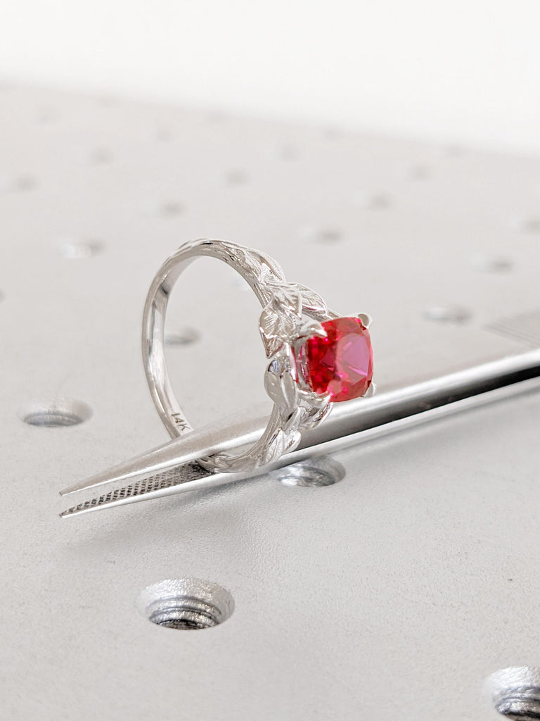 14K White Gold Red Ruby Engagement Ring | Vintage Leaf Solitaire Ring | July Birthstone Bridal Ring | Lab Ruby Cushion Cut Engagement Ring