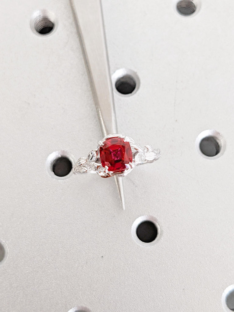 14K White Gold Red Ruby Engagement Ring | Vintage Leaf Solitaire Ring | July Birthstone Bridal Ring | Lab Ruby Cushion Cut Engagement Ring