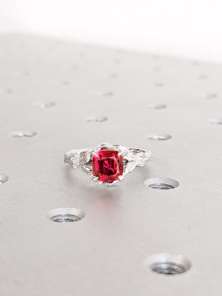 14K White Gold Red Ruby Engagement Ring | Vintage Leaf Solitaire Ring | July Birthstone Bridal Ring | Lab Ruby Cushion Cut Engagement Ring