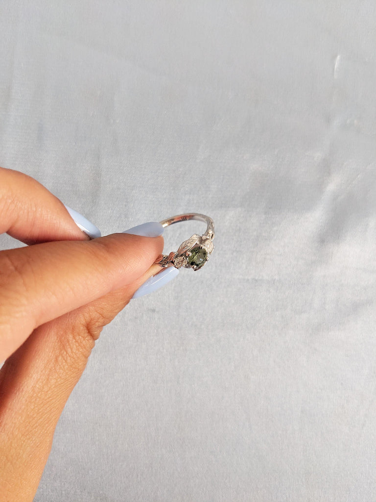 Three Stone Nature Inspired Ring, 14k White Gold Engagement Ring, Moissanite and Montana Sapphire Ring, Leaf Ring, Art Deco Anniversary Ring