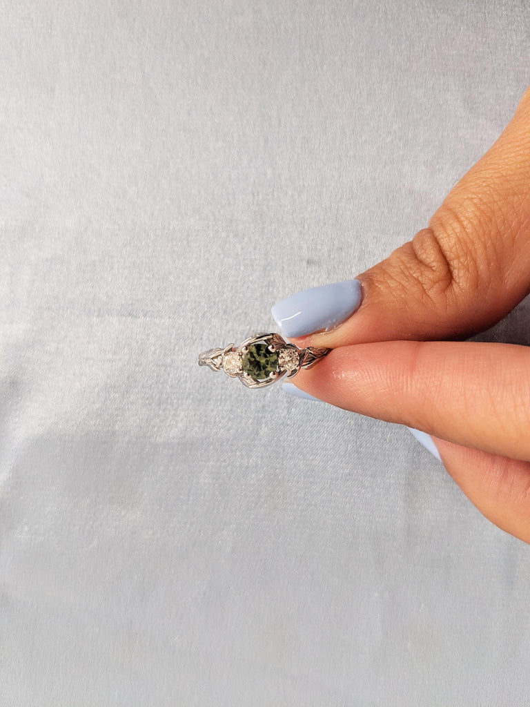 Three Stone Nature Inspired Ring, 14k White Gold Engagement Ring, Moissanite and Montana Sapphire Ring, Leaf Ring, Art Deco Anniversary Ring