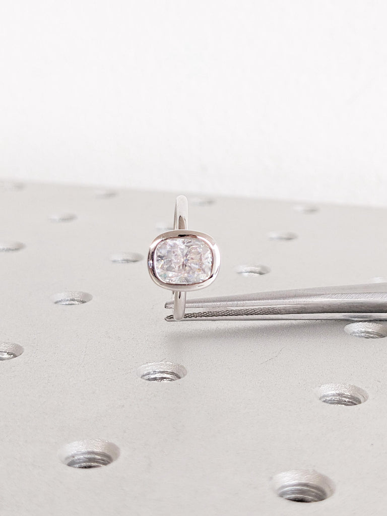 Lab Grown Diamond Engagement Ring, 14K White Gold Ring, Cushion Cut Ring, Hidden Halo Bezel Set Ring