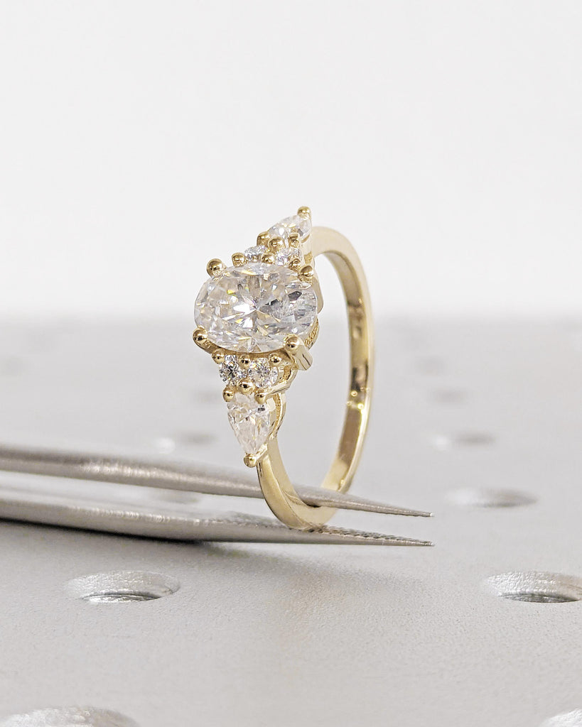 Vintage Oval Lab Diamond Engagement Ring: IGI Certified Lab Grown Diamond, Pear and Round Cluster Art Deco Wedding Ring, 14K Yellow Gold