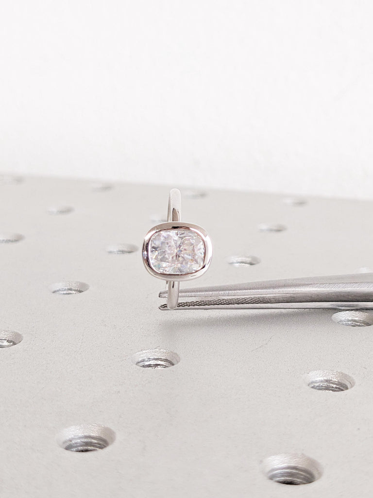 Cushion Cut Moissanite Ring | 14K White Gold Ring | Bezel Set Hidden Halo Solitaire Ring | Art Deco Moissanite Engagement Ring For Her