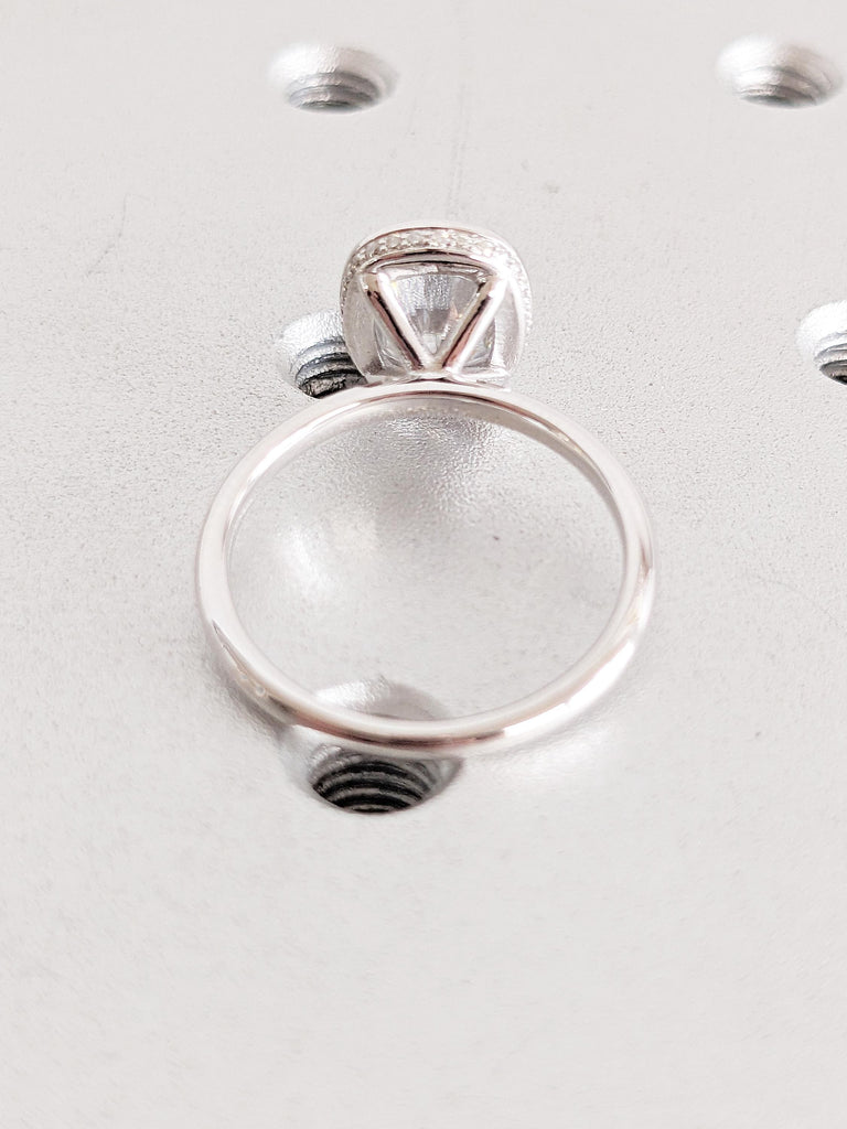 Cushion Cut Moissanite Ring | 14K White Gold Ring | Bezel Set Hidden Halo Solitaire Ring | Art Deco Moissanite Engagement Ring For Her