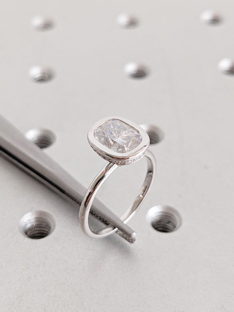 Cushion Cut Moissanite Ring | 14K White Gold Ring | Bezel Set Hidden Halo Solitaire Ring | Art Deco Moissanite Engagement Ring For Her