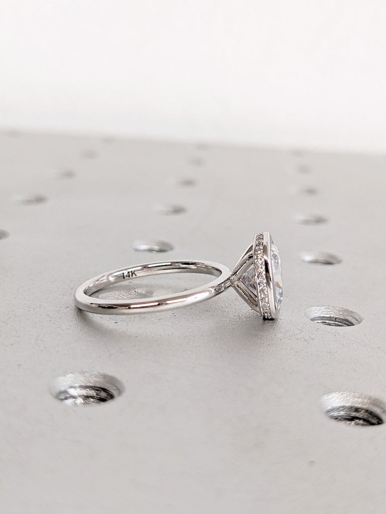 Cushion Cut Moissanite Ring | 14K White Gold Ring | Bezel Set Hidden Halo Solitaire Ring | Art Deco Moissanite Engagement Ring For Her