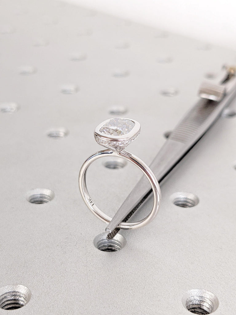 Cushion Cut Moissanite Engagement Ring: Bezel Set Hidden Halo Solitaire, 14K White Gold Art Deco Ring