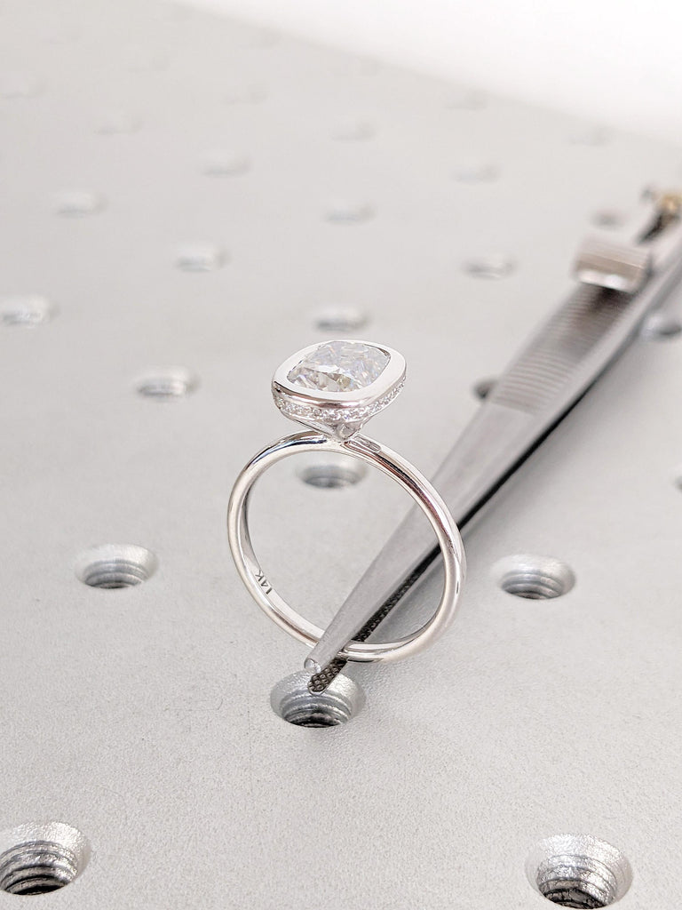 Cushion Cut Moissanite Ring | 14K White Gold Ring | Bezel Set Hidden Halo Solitaire Ring | Art Deco Moissanite Engagement Ring For Her