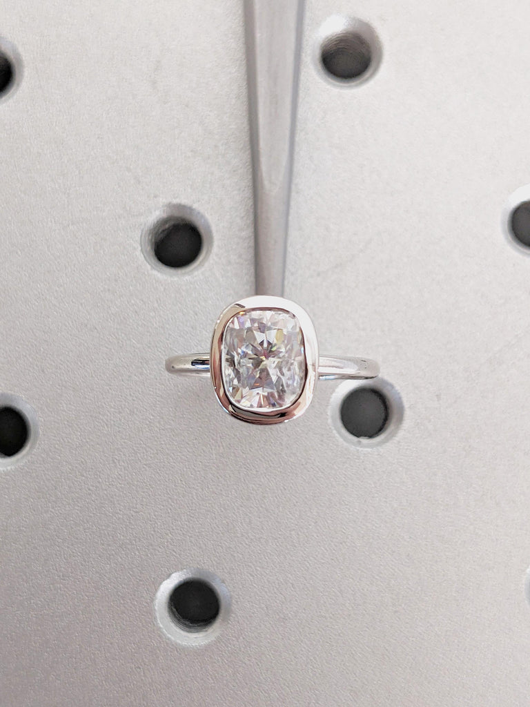 Cushion Cut Moissanite Ring | 14K White Gold Ring | Bezel Set Hidden Halo Solitaire Ring | Art Deco Moissanite Engagement Ring For Her