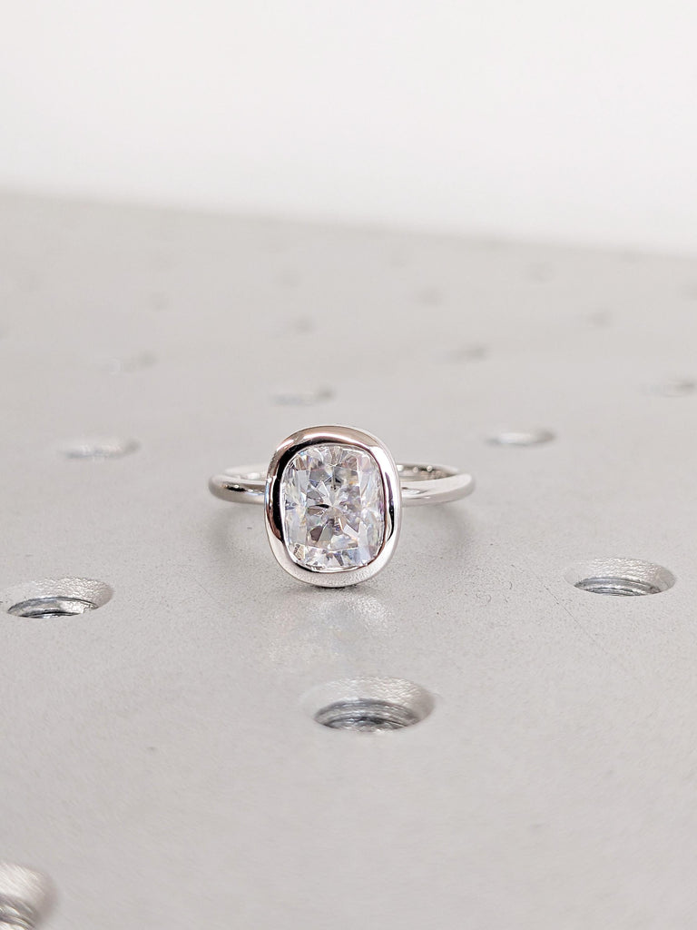 Cushion Cut Moissanite Ring | 14K White Gold Ring | Bezel Set Hidden Halo Solitaire Ring | Art Deco Moissanite Engagement Ring For Her