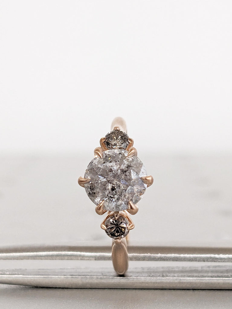 Salt and Pepper Diamond Engagement Ring, Matte Finish 14k Rose Gold Ring, Unique 3 Stone Diamond Wedding Ring, Vintage Promise Ring for Her