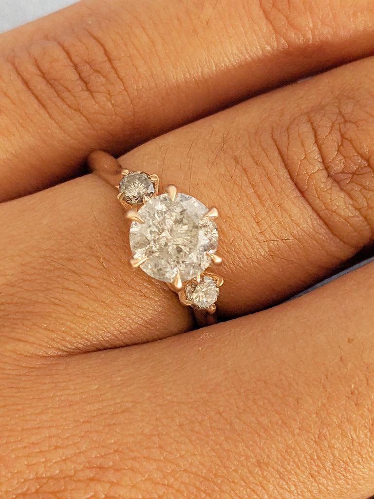 Salt and Pepper Diamond Engagement Ring, Matte Finish 14k Rose Gold Ring, Unique 3 Stone Diamond Wedding Ring, Vintage Promise Ring for Her
