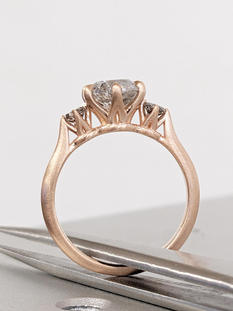 Salt and Pepper Diamond Engagement Ring, Matte Finish 14k Rose Gold Ring, Unique 3 Stone Diamond Wedding Ring, Vintage Promise Ring for Her
