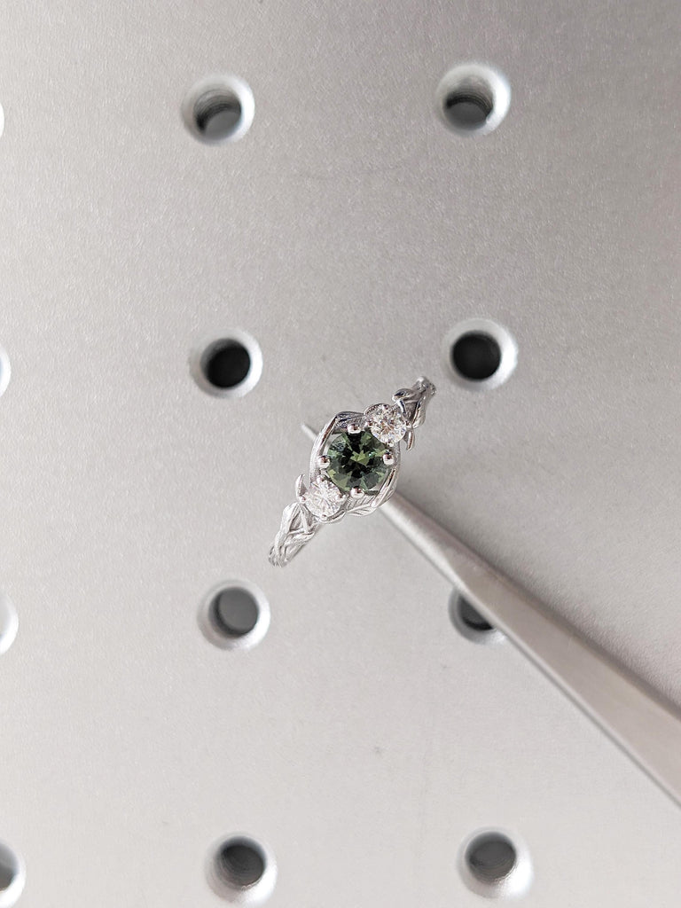 Three Stone Nature Inspired Ring, 14k White Gold Engagement Ring