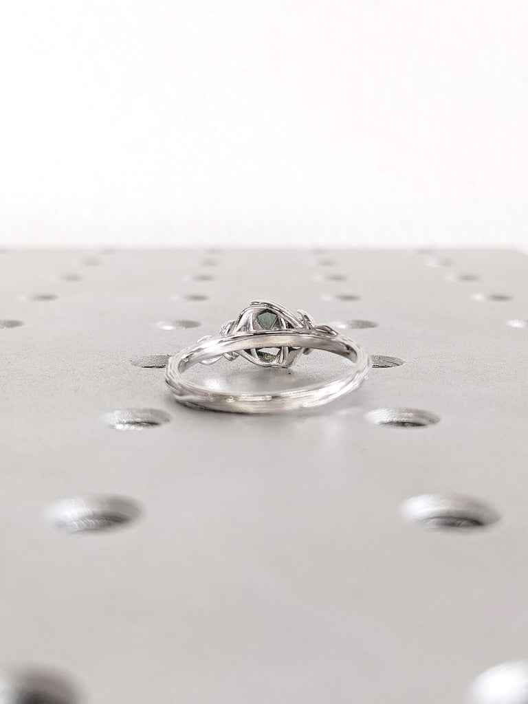 Three Stone Nature Inspired Ring, 14k White Gold Engagement Ring, Moissanite and Montana Sapphire Ring, Leaf Ring, Art Deco Anniversary Ring