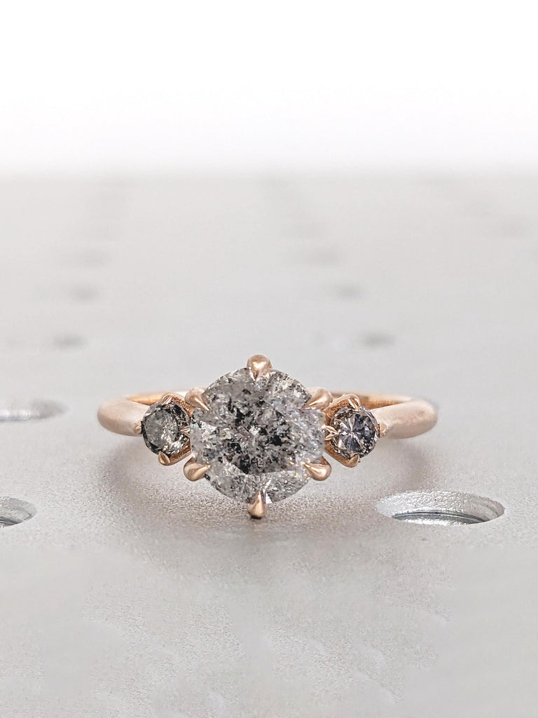 Salt and Pepper Diamond Engagement Ring, Matte Finish 14k Rose Gold Ring, Unique 3 Stone Diamond Wedding Ring, Vintage Promise Ring for Her