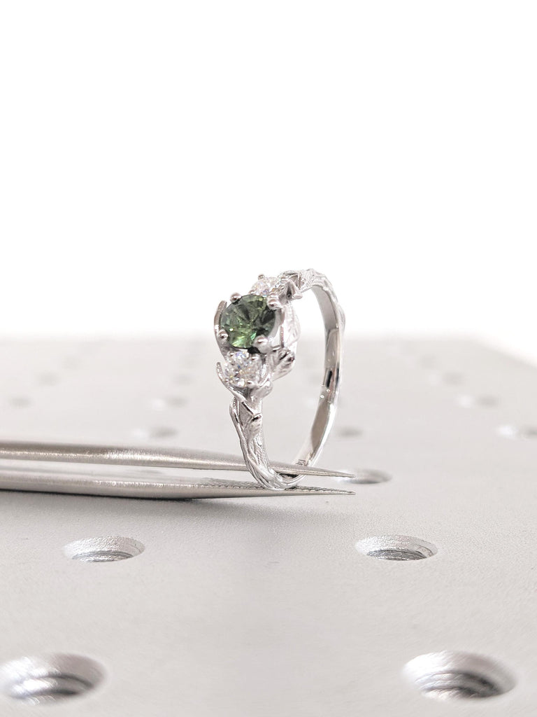 Three Stone Nature Inspired Ring, 14k White Gold Engagement Ring, Moissanite and Montana Sapphire Ring, Leaf Ring, Art Deco Anniversary Ring