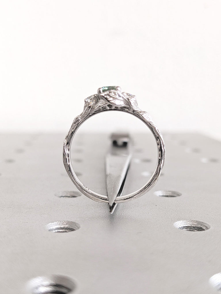 Three Stone Nature Inspired Ring, 14k White Gold Engagement Ring, Moissanite and Montana Sapphire Ring, Leaf Ring, Art Deco Anniversary Ring