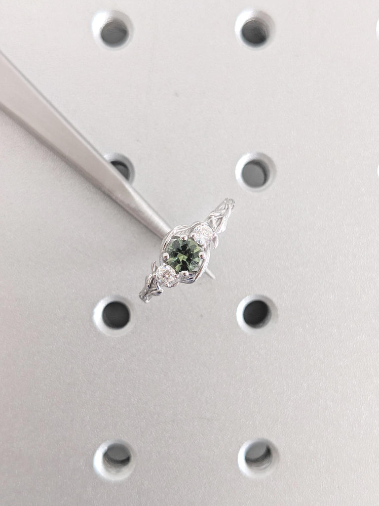 14k White Gold Ring, Nature Ring, Diamond and Teal Sapphire Engagement Ring, Gemstone Ring
