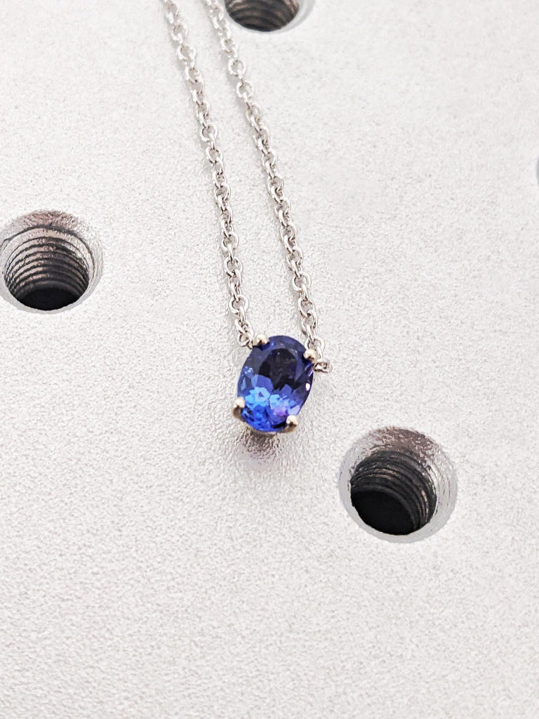 14K Solid White Gold Oval Cut Tanzanite Pendant, Violet Blue Wedding Anniversary Necklace, Elegant Everyday Jewelry
