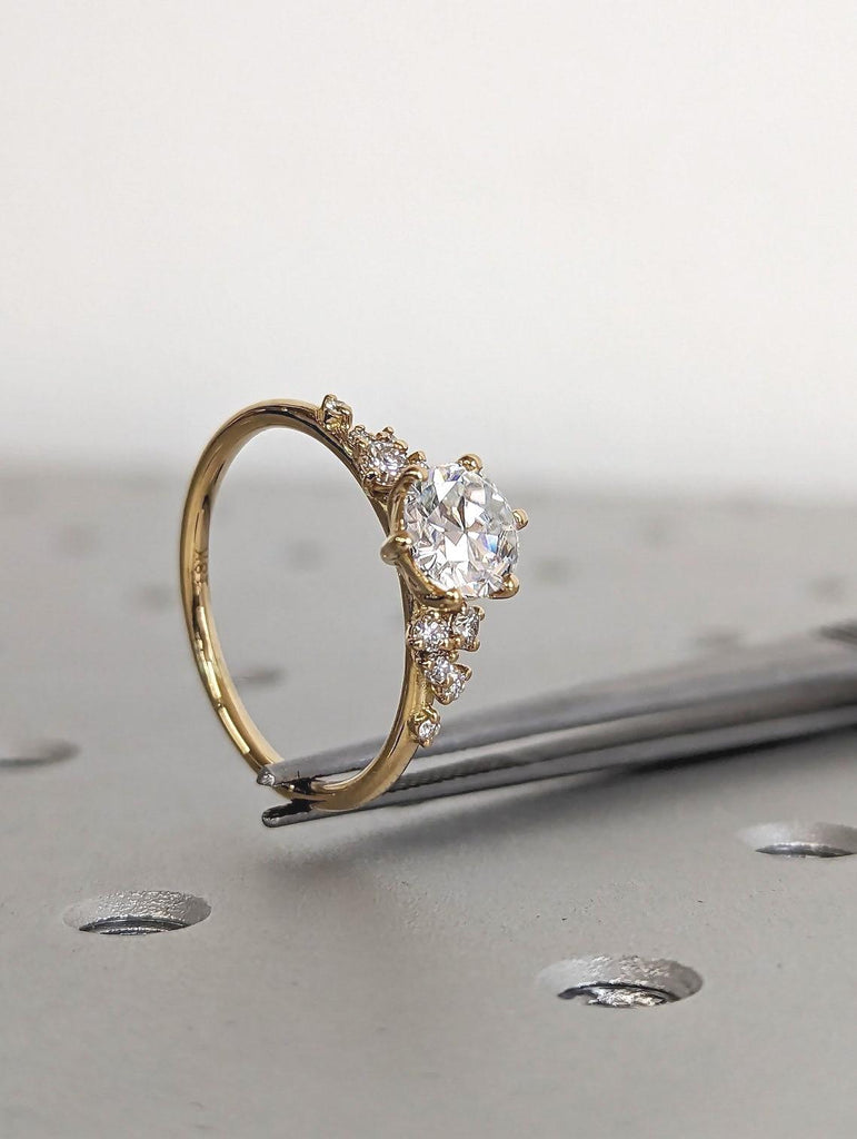 Vintage Old Miner cut Round Lab Created Diamond Engagement Ring | 18K Yellow Gold Snowdrift Diamond Cluster Wedding Anniversary Ring