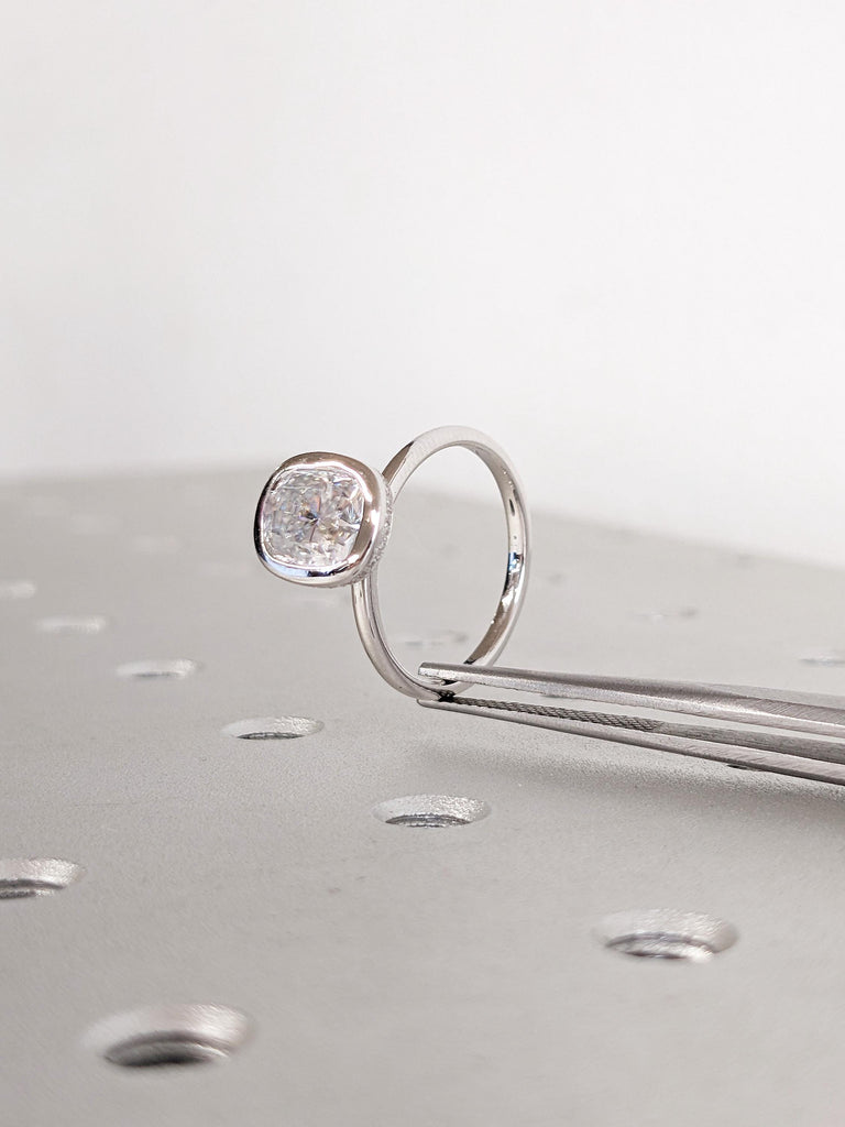 Lab Grown Diamond Engagement Ring, 14K White Gold Ring, Cushion Cut Ring, Hidden Halo Bezel Set Ring