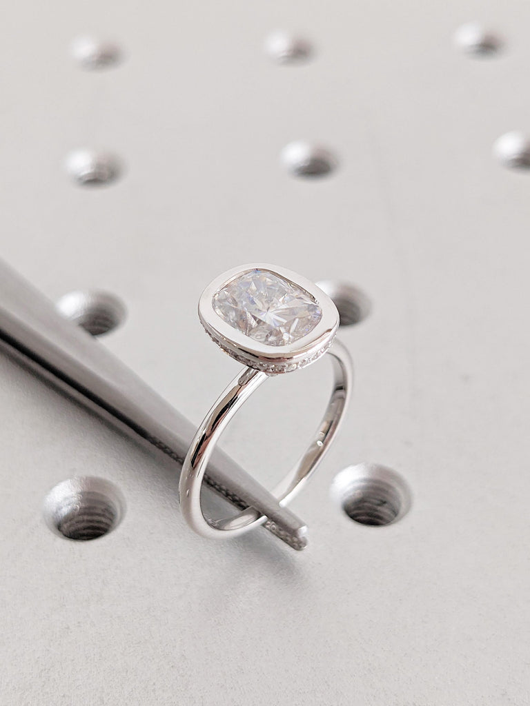 Cushion Cut Moissanite Engagement Ring: Bezel Set Hidden Halo Solitaire, 14K White Gold Art Deco Ring