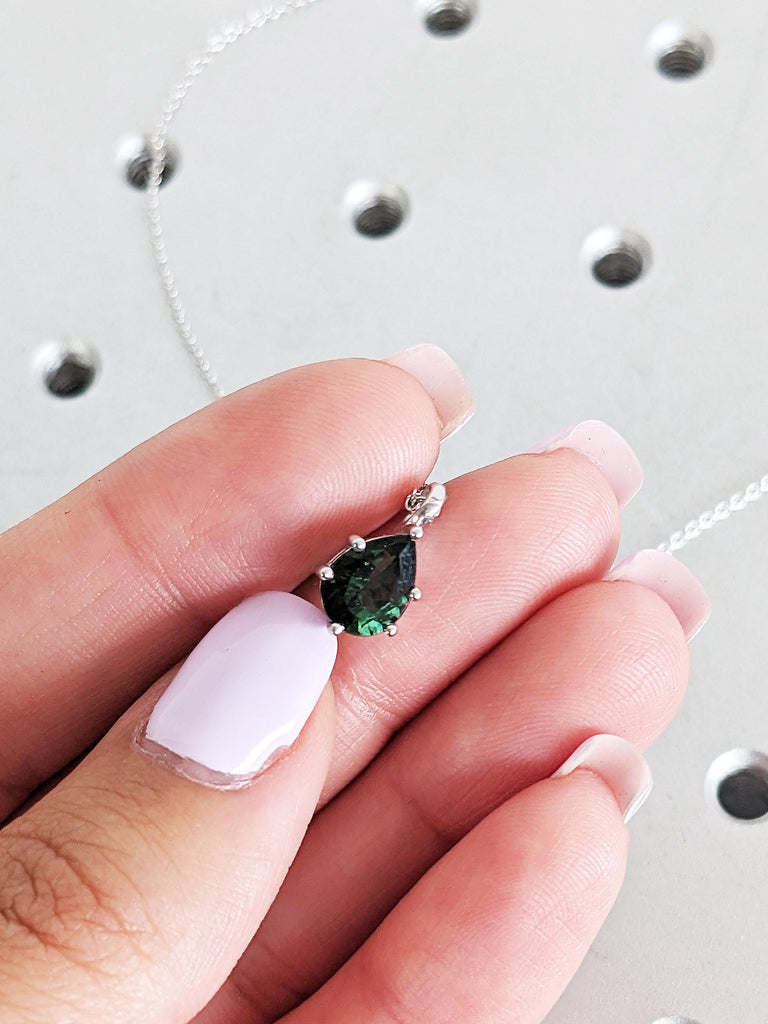 Solitaire Pear Cut Green Tourmaline Necklace, Teardrop Pendant, 14K 18K White Gold Custom Jewelry, Bridal Wedding Necklace, Everyday Pendant