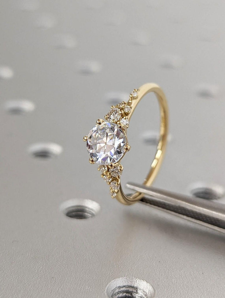 18K Yellow Gold Wedding Ring for Her | Old European Round cut VVS Moissanite and Diamond Promise Anniversary Ring | Snowdrift Diamond Cluster Ring