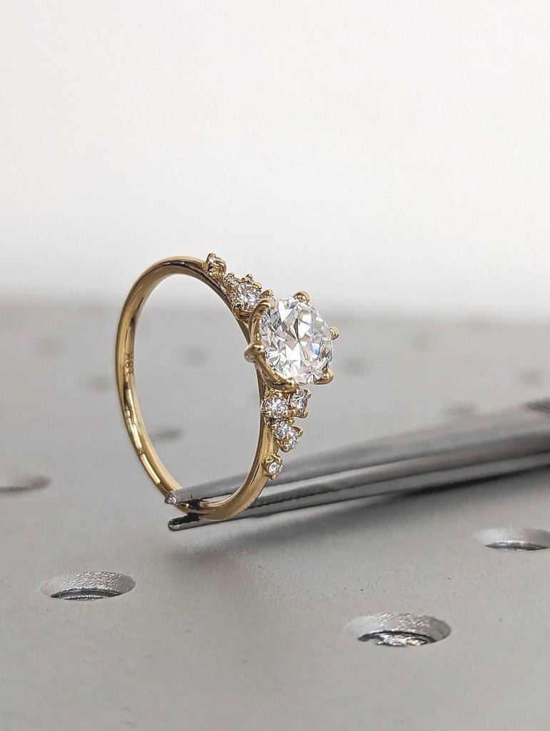 Old Mine-cut Moissanite 18K Yellow Gold Engagement Ring | Unique Snowdrift 6 Prong Lab Diamond Cluster Promise Ring | Wedding Ring for Her