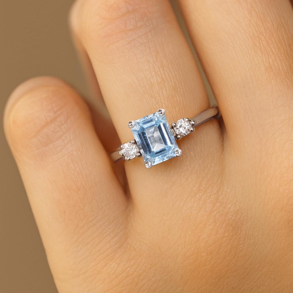 Blue Aquamarine Ring, Emerald Cut Ring