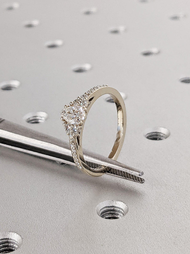 Elegant Pear Cut Moissanite Engagement Ring, 14K Solid White Gold Teardrop Moissanite Cluster Ring, Thin Pavé White Diamond Wedding Band