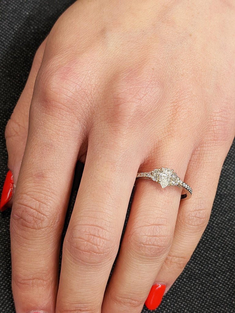 Elegant Pear Cut Moissanite Engagement Ring, 14K Solid White Gold Teardrop Moissanite Cluster Ring, Thin Pavé White Diamond Wedding Band