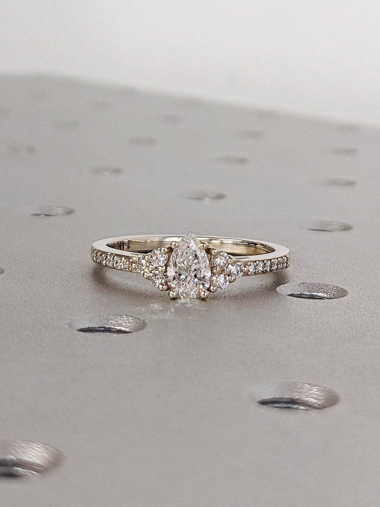 Elegant Pear Cut Moissanite Engagement Ring, 14K Solid White Gold Teardrop Moissanite Cluster Ring, Thin Pavé White Diamond Wedding Band