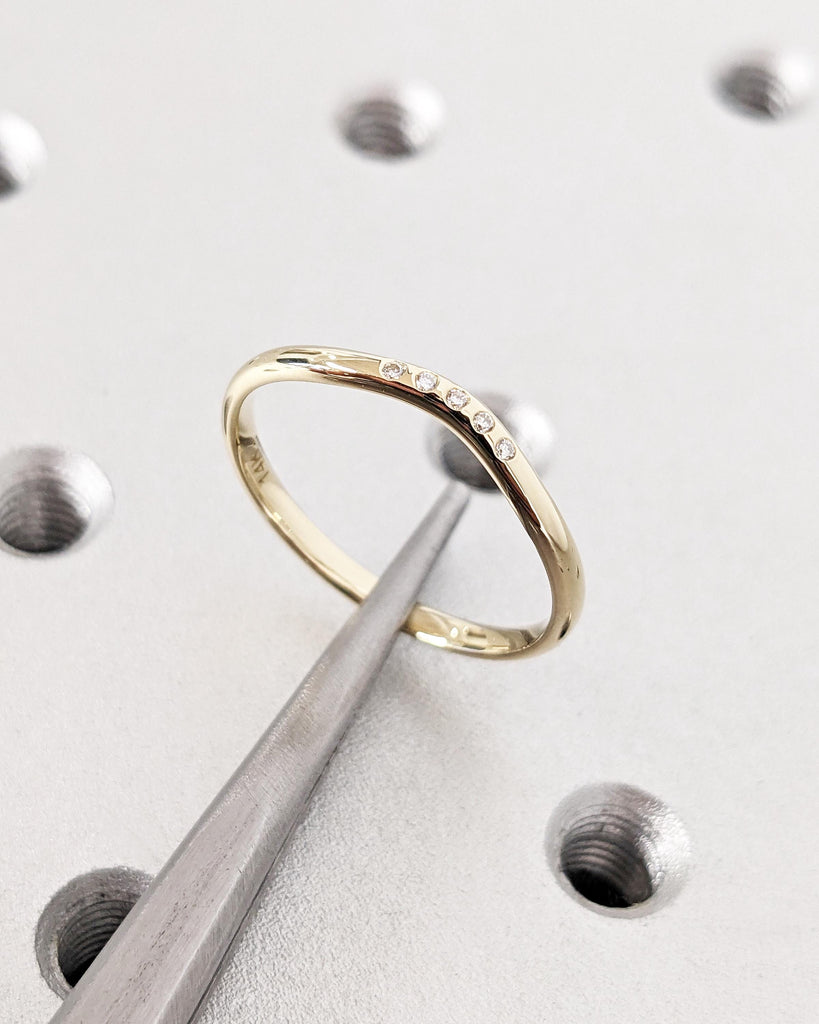 5 Stone Wedding Band | 14k Solid Yellow Gold | Five Stone Flush Set Natural Diamonds, Lab Diamonds or Moissanites | 2mm Thin Stackable Ring