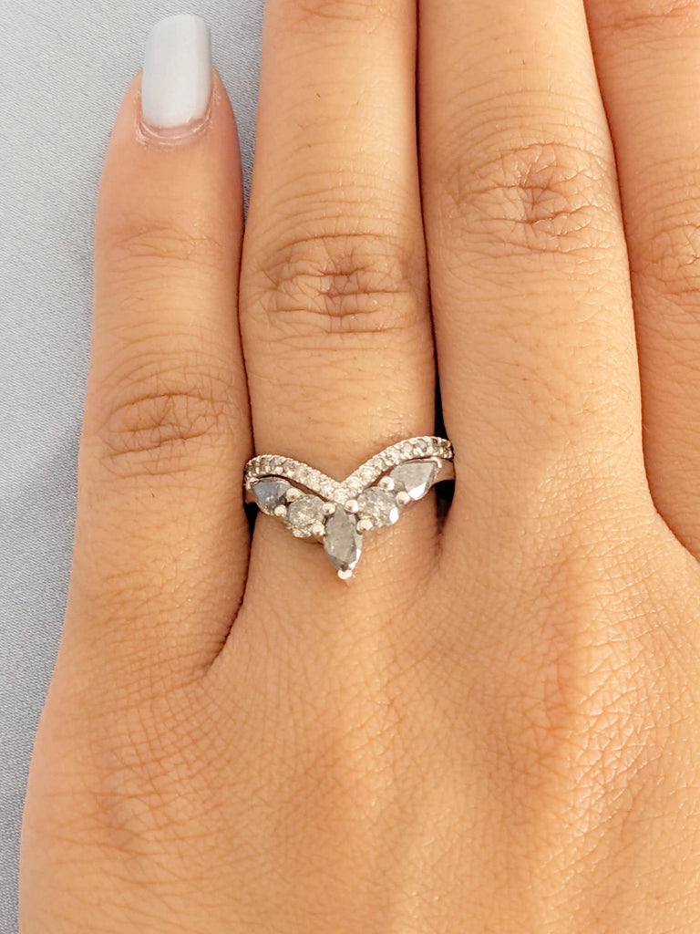 14K White Gold Ombre Diamond Wedding Band | Half Eternity Salt and Pepper Boho Chevron Stacking Ring | Unique Alternative Engagement Ring