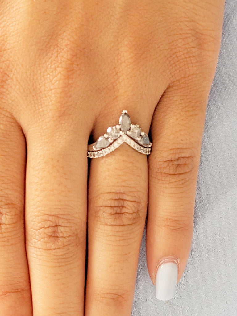 14K White Gold Ombre Diamond Wedding Band | Half Eternity Salt and Pepper Boho Chevron Stacking Ring | Unique Alternative Engagement Ring