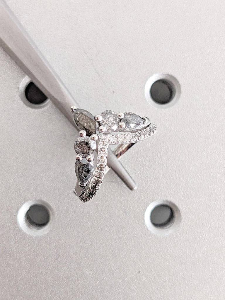 14K White Gold Ombre Diamond Wedding Band | Half Eternity Salt and Pepper Boho Chevron Stacking Ring | Unique Alternative Engagement Ring