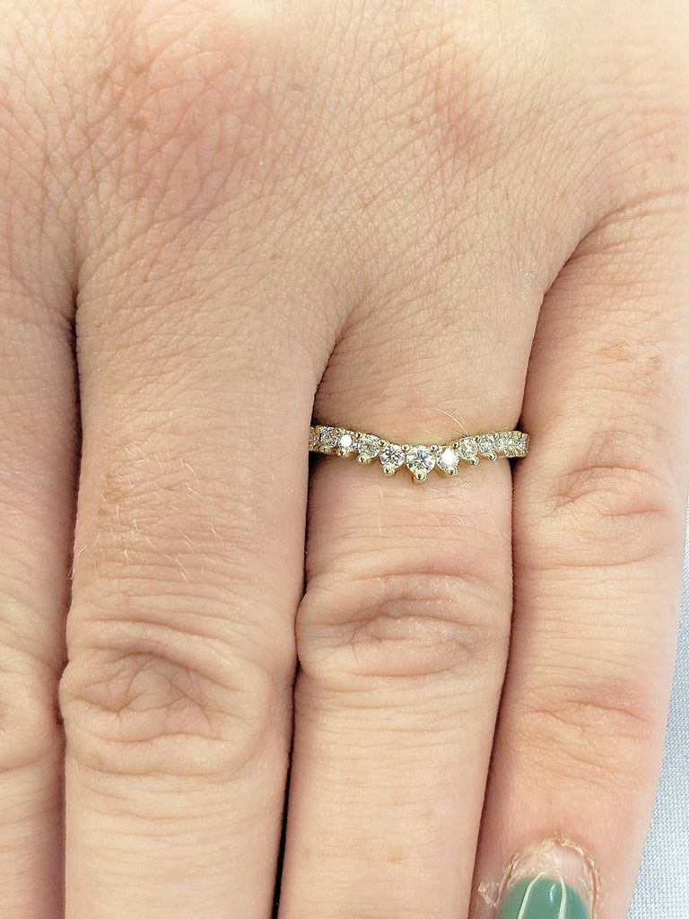 14K Yellow Gold Diamond Matching Band | Round Cut Diamond Wedding Band | Vintage Curved Bridal Ring Stacking | Art Deco Dainty Matching Ring
