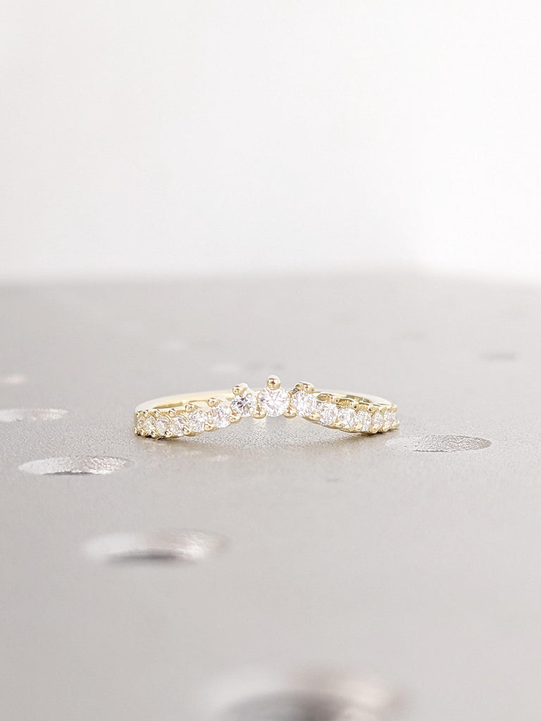 14K Yellow Gold Diamond Matching Band | Round Cut Diamond Wedding Band | Vintage Curved Bridal Ring Stacking | Art Deco Dainty Matching Ring