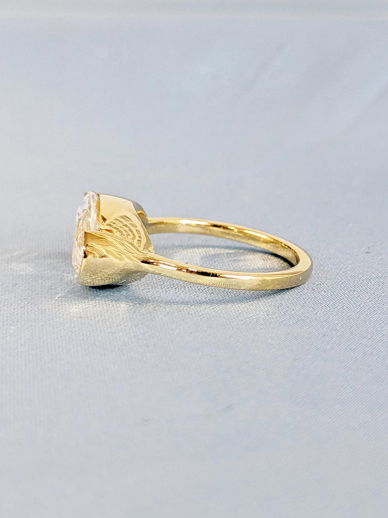 Elongated Oval Moissanite Ring, 14k Solid Gold Engagement Ring, Half Bezel Ring, Solitaire Ring