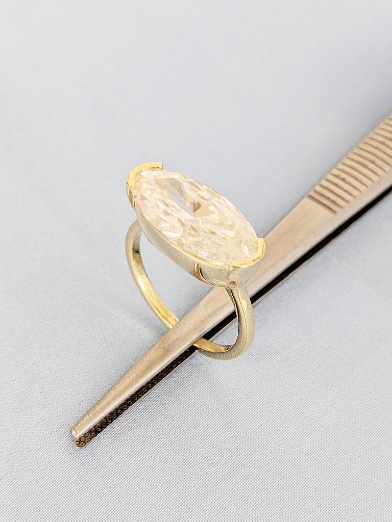 Elongated Oval Moissanite Ring, 14k Solid Gold Engagement Ring, Half Bezel Ring, Solitaire Ring