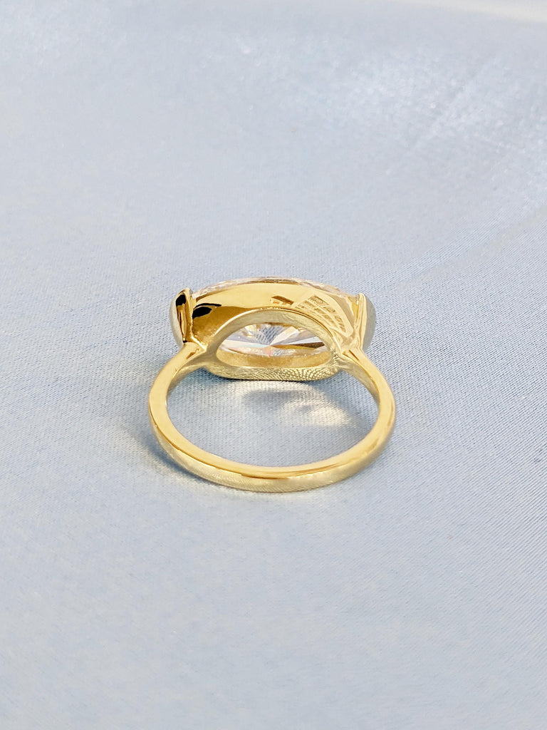 Elongated Oval Moissanite Ring, 14k Solid Gold Engagement Ring, Half Bezel Ring, Solitaire Ring