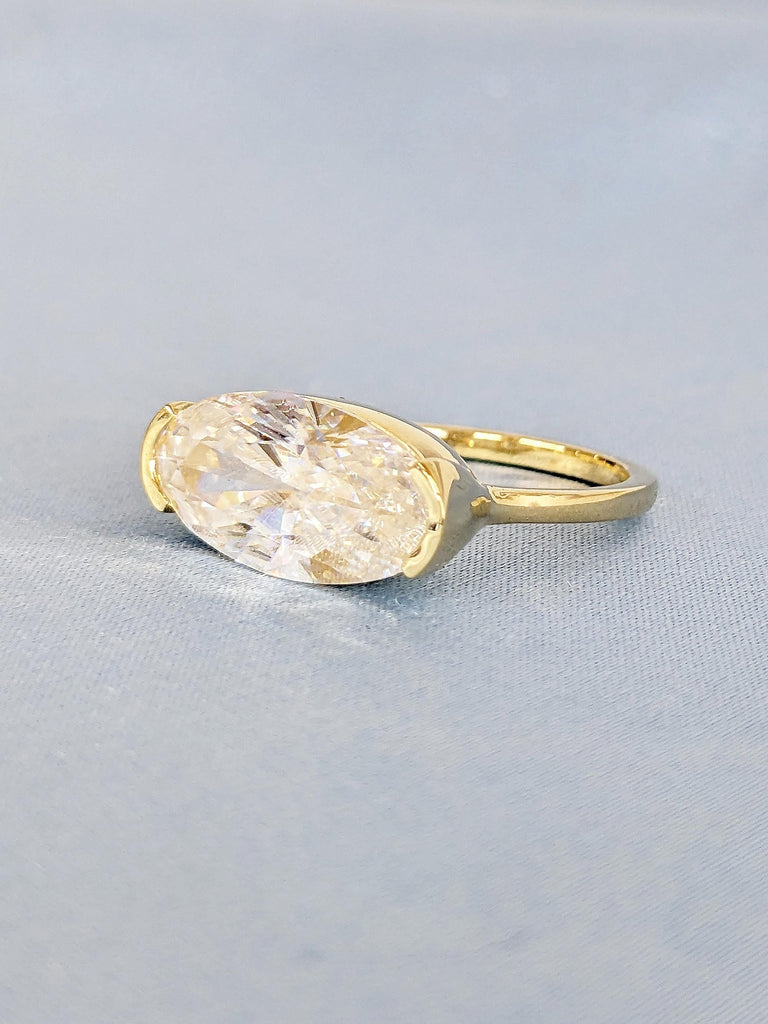 Elongated Oval Lab Diamond Engagement Ring, East West Half Bezel Ring, 14k Gold Solid Ring