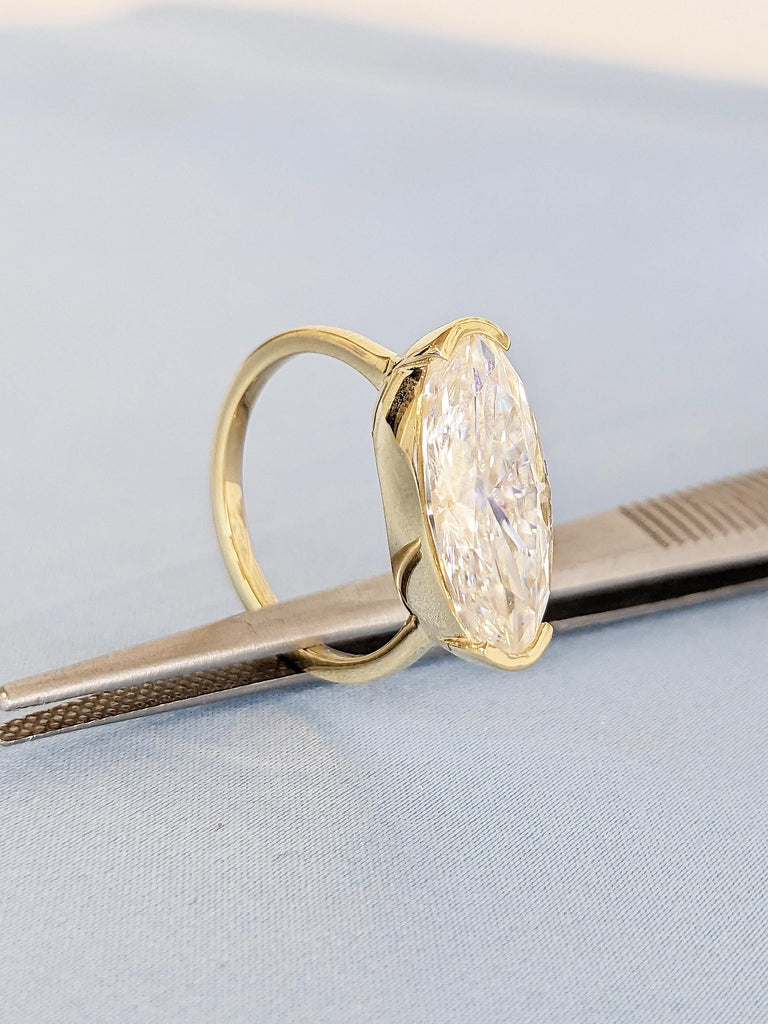 Elongated Oval Moissanite Ring, 14k Solid Gold Engagement Ring, Half Bezel Ring, Solitaire Ring