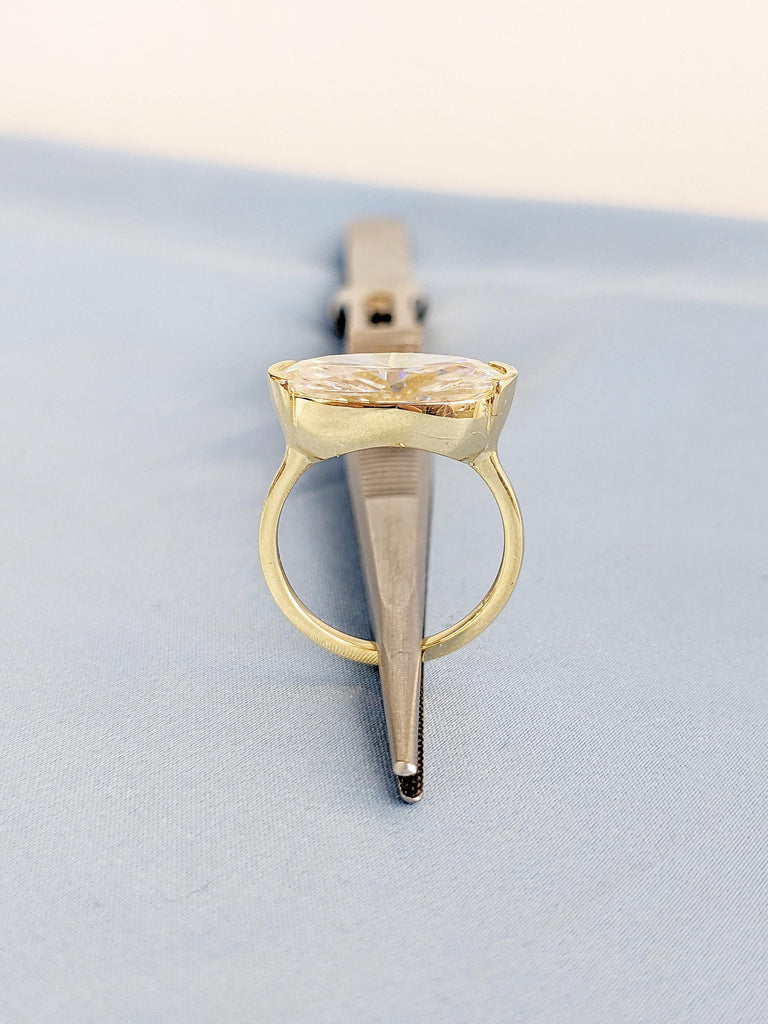 Elongated Oval Moissanite Ring, 14k Solid Gold Engagement Ring