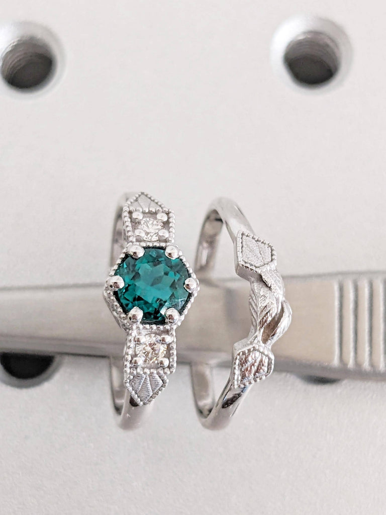 Lab Emerald and Moissanite Engagement Ring: 14K White Gold, Bridal Set